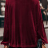Red Dahlia Asymmetric Button Keyhole Neck Long Sleeve Velvet Blouse