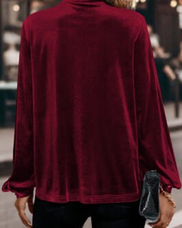 Red Dahlia Asymmetric Button Keyhole Neck Long Sleeve Velvet Blouse