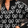 Black Cute Bow Pattern Drop Shoulder Zipped Collar Sweater