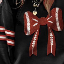 Black Varsity Baseball Bow Graphic Striped Sleeve Baggy Sweatshirt