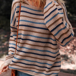Multicolour Striped Knitted Drop Shoulder Round Neck Sweater