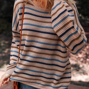 Multicolour Striped Knitted Drop Shoulder Round Neck Sweater