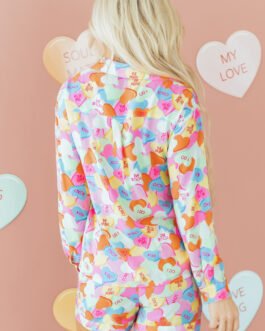 Pink Valentines Candy Heart V Neck Collared Tunic Shirt and Shorts 2pcs Pajama Set
