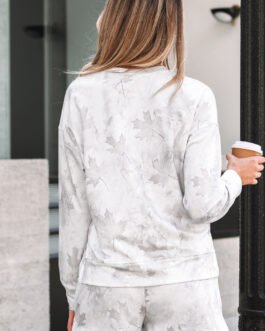 Beige Maple Camo Print Pullover Top and Elastic Waist Casual Short Set