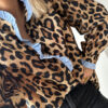 Brown Wild Leopard Print Contrast Striped Frilled Trim Chic Shirt