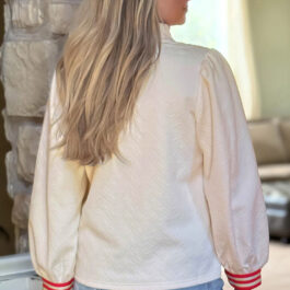 White Textured Knit Contrast Striped Accent Zipped Collar Pullover Top