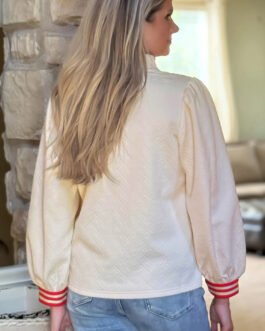 White Textured Knit Contrast Striped Accent Zipped Collar Pullover Top