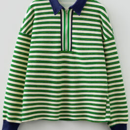 Dark Green Striped Print Contrast Collar Zip V Neck Long Sleeve Top