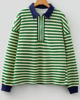 Dark Green Striped Print Contrast Collar Zip V Neck Long Sleeve Top