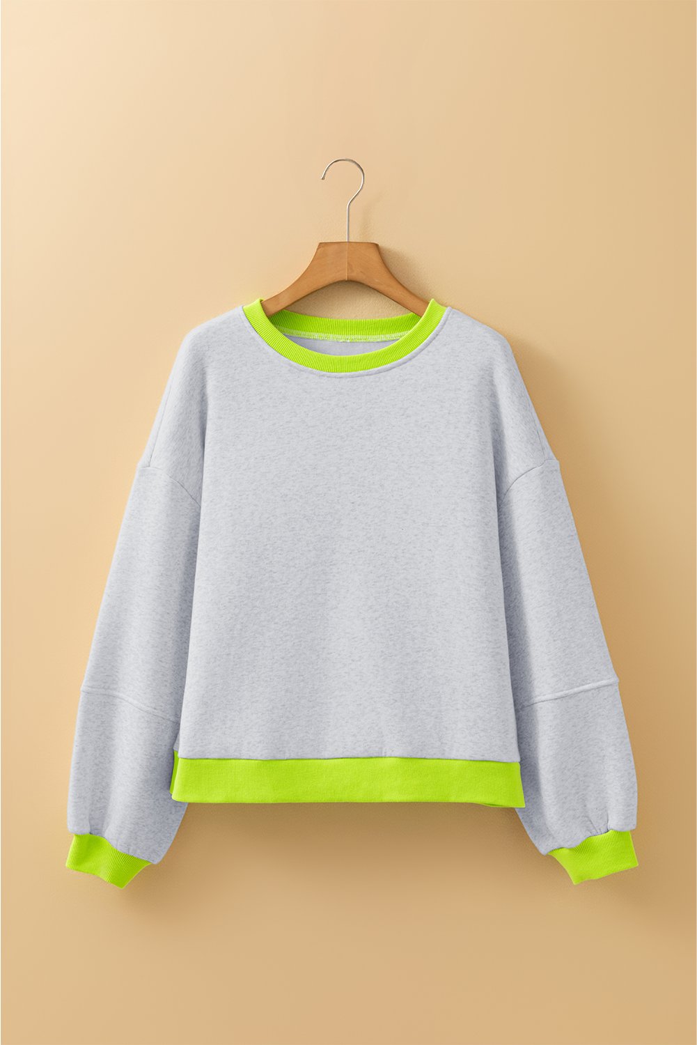 Light Grey Contrast Color Banding Patchwork Puff Sleeve Loose Sweatshirt - Image 4