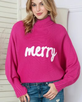Rose Merry Letter Embroidered High Neck Sweater
