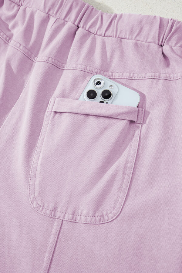 Pink Mineral Wash Exposed Seam Drawstring Elastic Waistband Wide Leg Cargo Pants