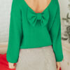 Fiery Red Festive Bow Backless Bubble Sleeve Sweater