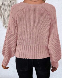 Light Pink Mixed Texture Knit Button V Neck Sweater Cardigan