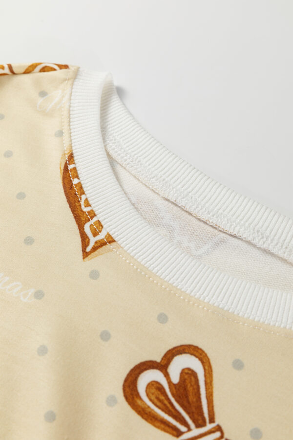 Beige Gingerbread Man Christmas Print Long Sleeve Pullover Lounge Short Set