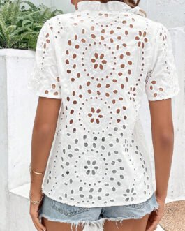 White Geometric Embroidery Hollow Out Blouse