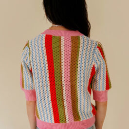 Multicolour Striped Pointelle Knit Short Sleeve Sweater