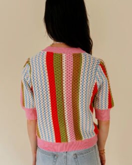 Multicolour Striped Pointelle Knit Short Sleeve Sweater