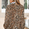 Brown Wild Leopard Print Contrast Striped Frilled Trim Chic Shirt