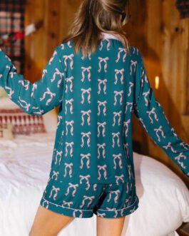 Green Ribbon Bow Print Silky Long Sleeve Shirt and Shorts 2pcs Pajama Set