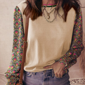 Apricot Floral Patchwork Shirred Cuff Puff Sleeve Sweater