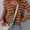Chestnut Tie Front Striped Knit V Neck Cardigan Sweater