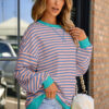 Rose Stripe Contrast Ribbed Trim Crossed Stitch Drop Shoulder Sweatshirt