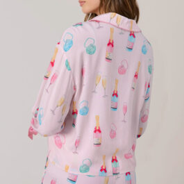 Light Pink Christmas Wine Glass Print Bow Knot Two Piece Pajama Set