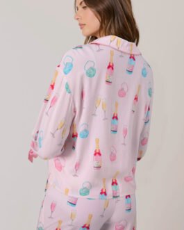 Light Pink Christmas Wine Glass Print Bow Knot Two Piece Pajama Set