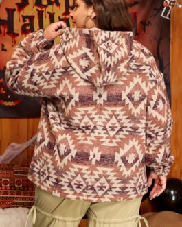 Red Plus Size Western Fashion Aztec Patterned Half Zip High Neck Hoodie