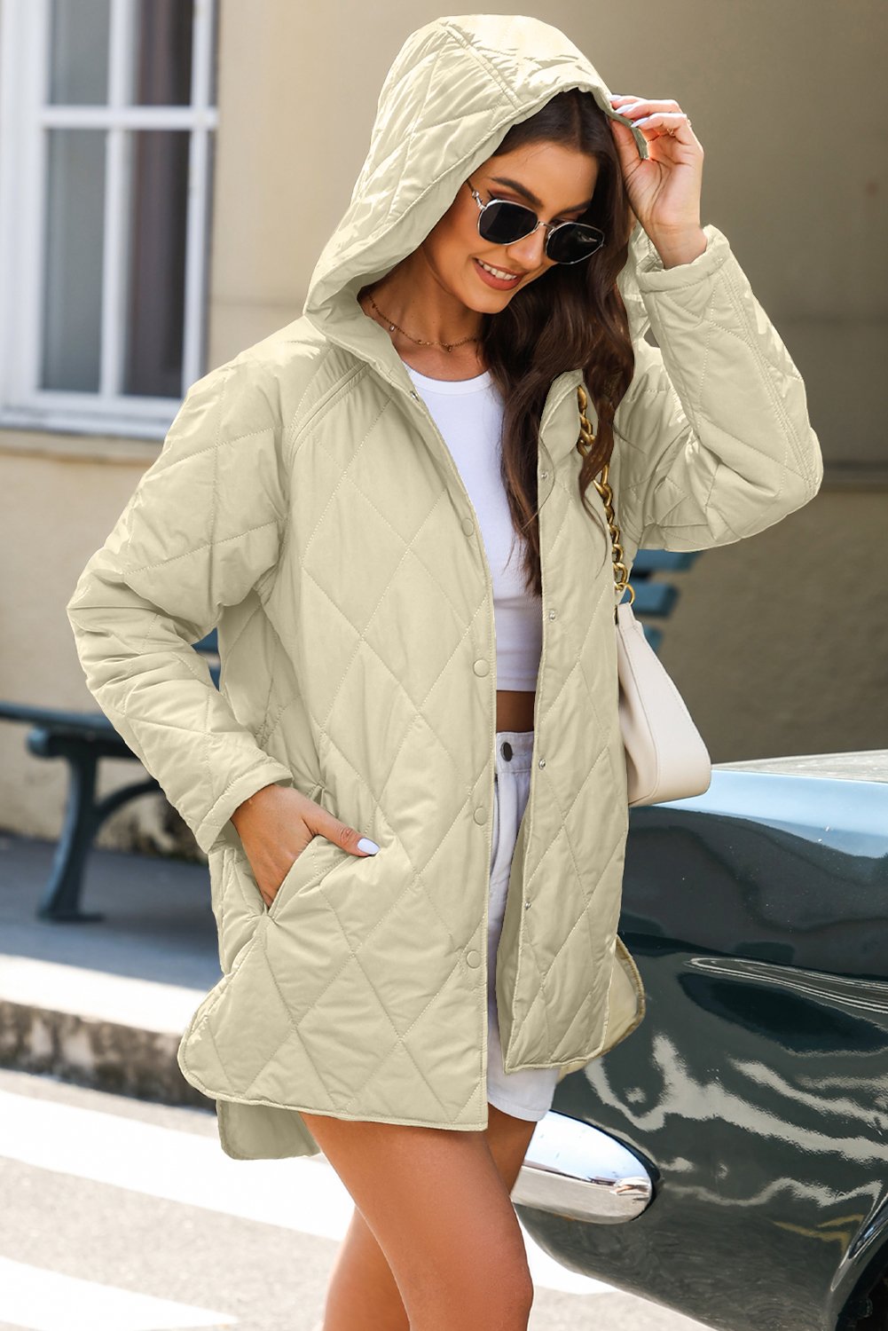Green Quilted Snap Button Hooded Puffer Coat - Image 9