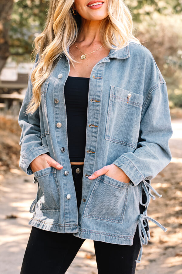 Beau Blue Multi Patched Pockets Side Tie up Boyfriend Style Denim Jacket