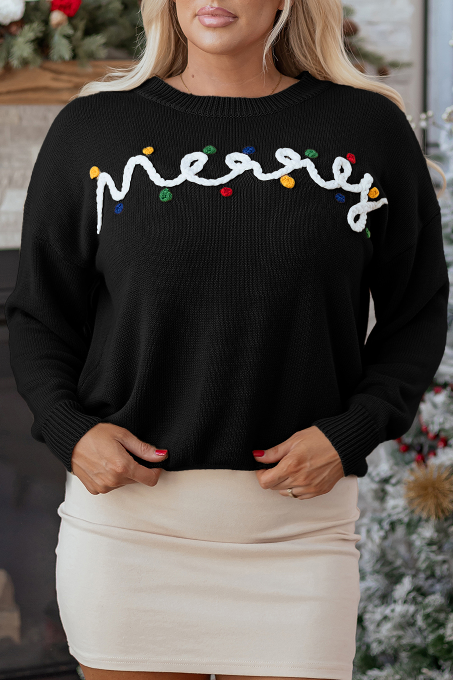 Black Merry Colorful Dot Detail Christmas Drop Shoulder Sweater - Image 6