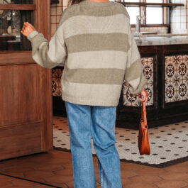 Khaki Striped Color Block Brushed Knit Bow Tie Front Sweater Cardigan