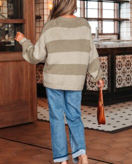 Khaki Striped Color Block Brushed Knit Bow Tie Front Sweater Cardigan