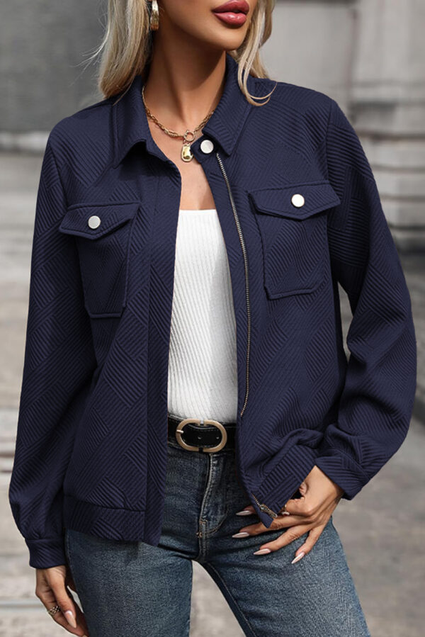 White Solid Color Zip Up Button Flap Pocket Shirt Collar Jackets