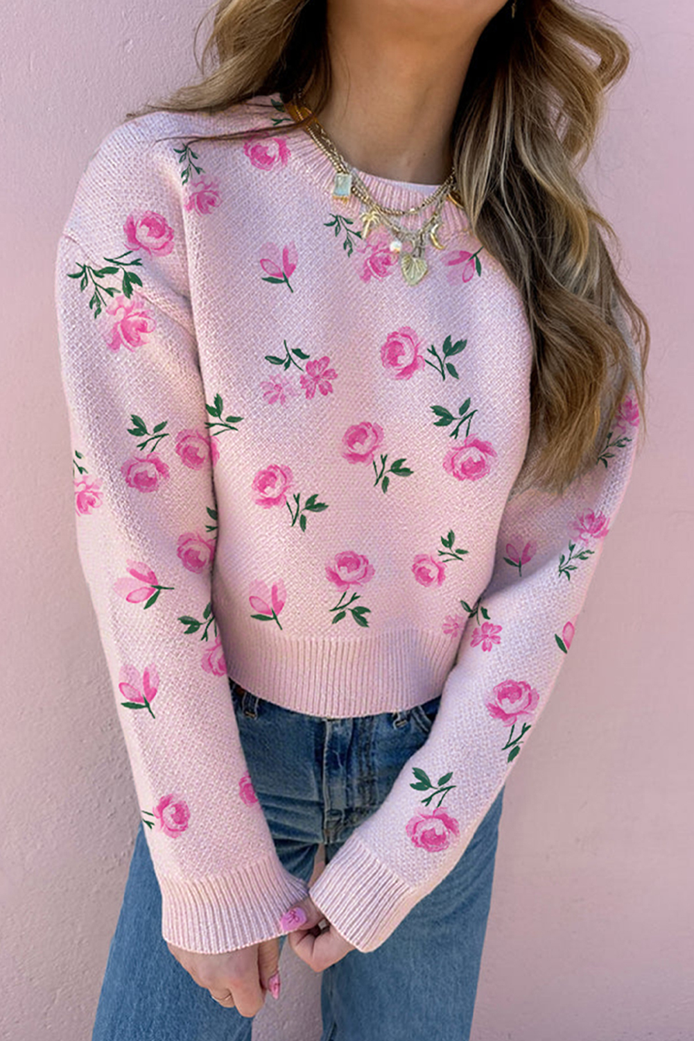 Delicacy Sweet Floral Print Drop Shoulder Cropped Sweater - Image 7