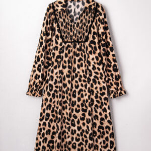Brown Leopard Print Smocked Detail Flowy Midi Dress
