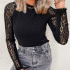 Black Leopard Mesh Patchwork Knit Long Sleeve Top