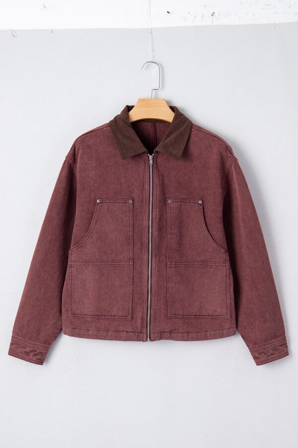 Coffee Corduroy Collar Zipped Front Denim Jacket