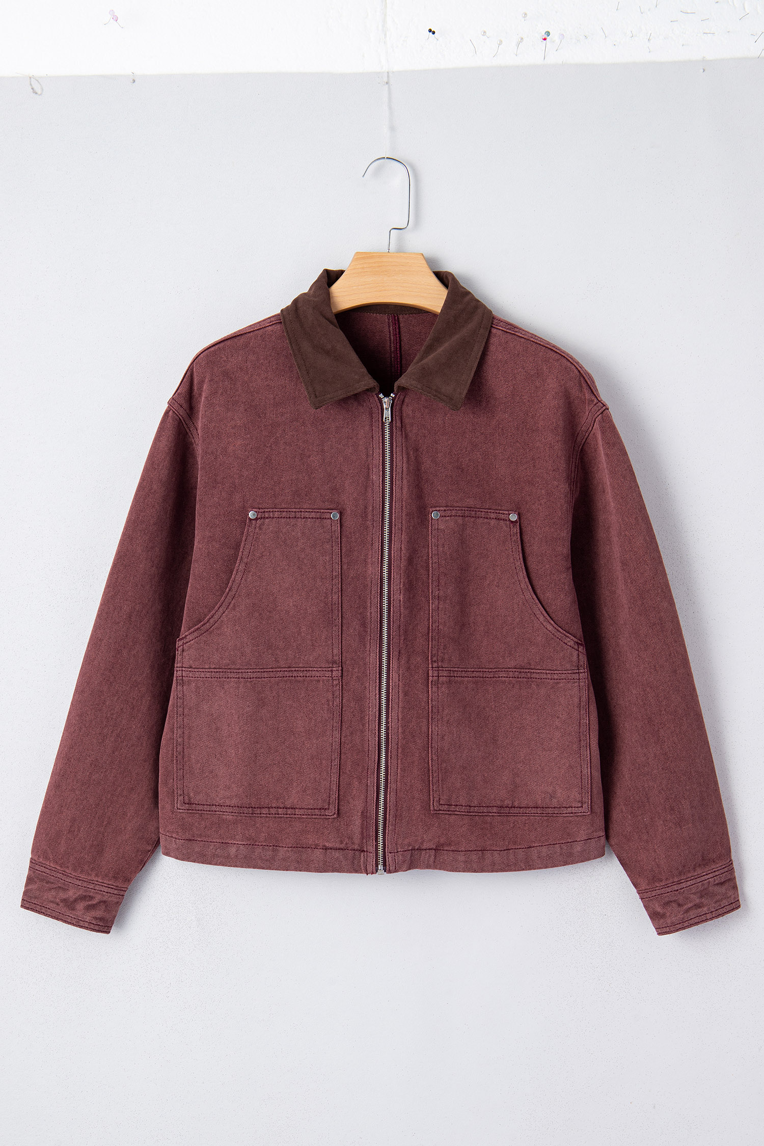 Coffee Corduroy Collar Zipped Front Denim Jacket - Image 4