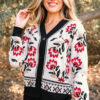 Beige Floral Print Buttoned Front V Neck Knit Cardigan