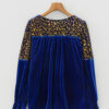 Sky Blue Leopard Patchwork Shoulder Flounce Sleeve Velvet Blouse