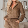 Parchment Zip Up Hoodie Drawstring Shorts Sherpa 2pcs Outfit