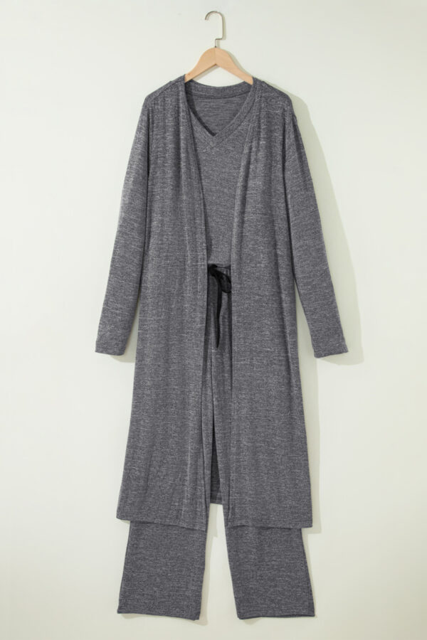 Dark Grey 3pcs V Neck T Shirt Ribbon Knot Pants Open Duster 3pcs Lounge Set