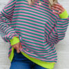 Rose Stripe Contrast Ribbed Trim Crossed Stitch Drop Shoulder Sweatshirt