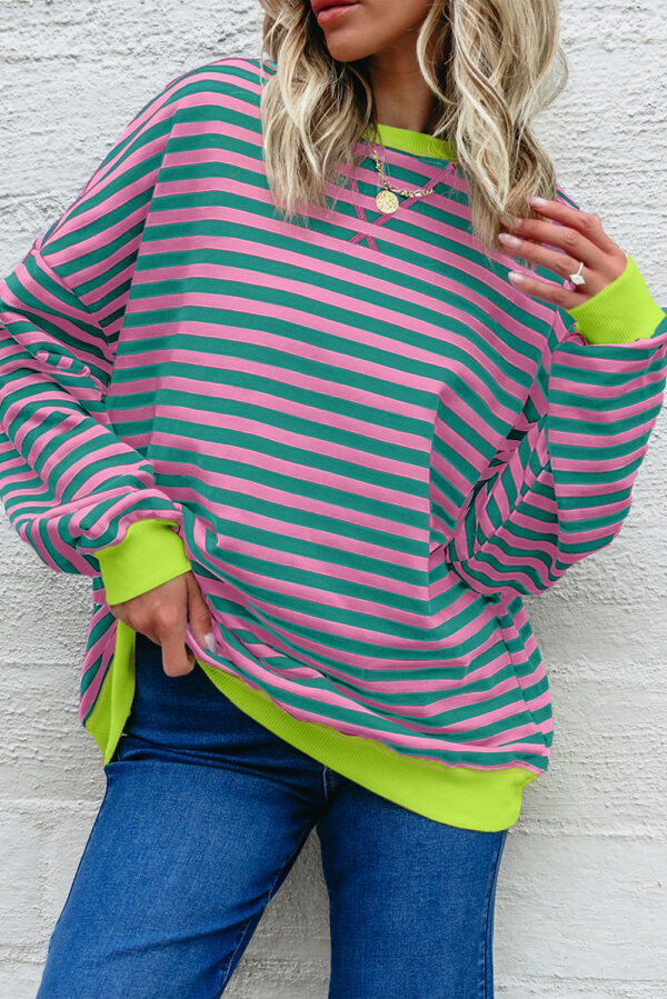Rose Stripe Contrast Ribbed Trim Crossed Stitch Drop Shoulder Sweatshirt