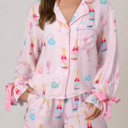 Light Pink Christmas Wine Glass Print Bow Knot Two Piece Pajama Set