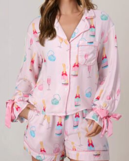 Light Pink Christmas Wine Glass Print Bow Knot Two Piece Pajama Set