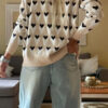 Parchment Geometric Heart Print Ribbed Trim Loose Sweater